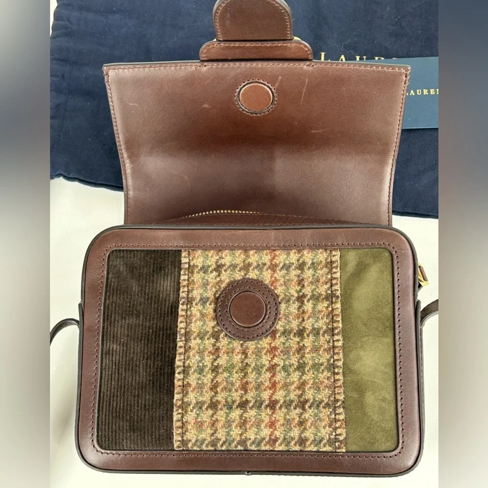 RARE POLO RALPH LAUREN WELLINGTON PATCHWORK TWEED CROSSBODY BAG PURSE BROWN - Picture 15 of 15